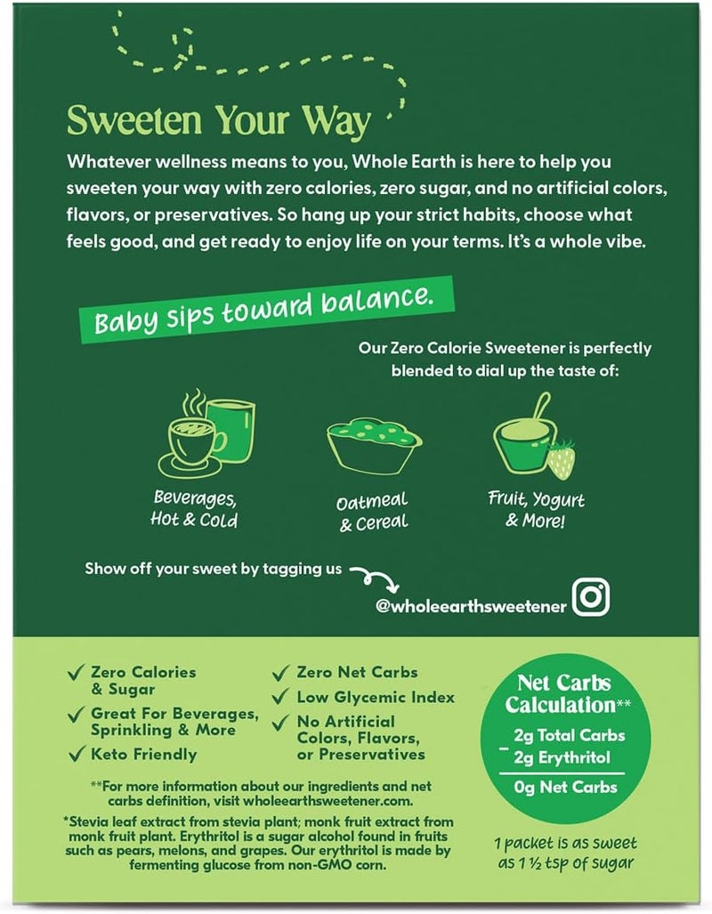 Whole Earth Zero Calorie Sweetener with Stevia Leaf & Monk Fruit, 40 Packets - Image 2